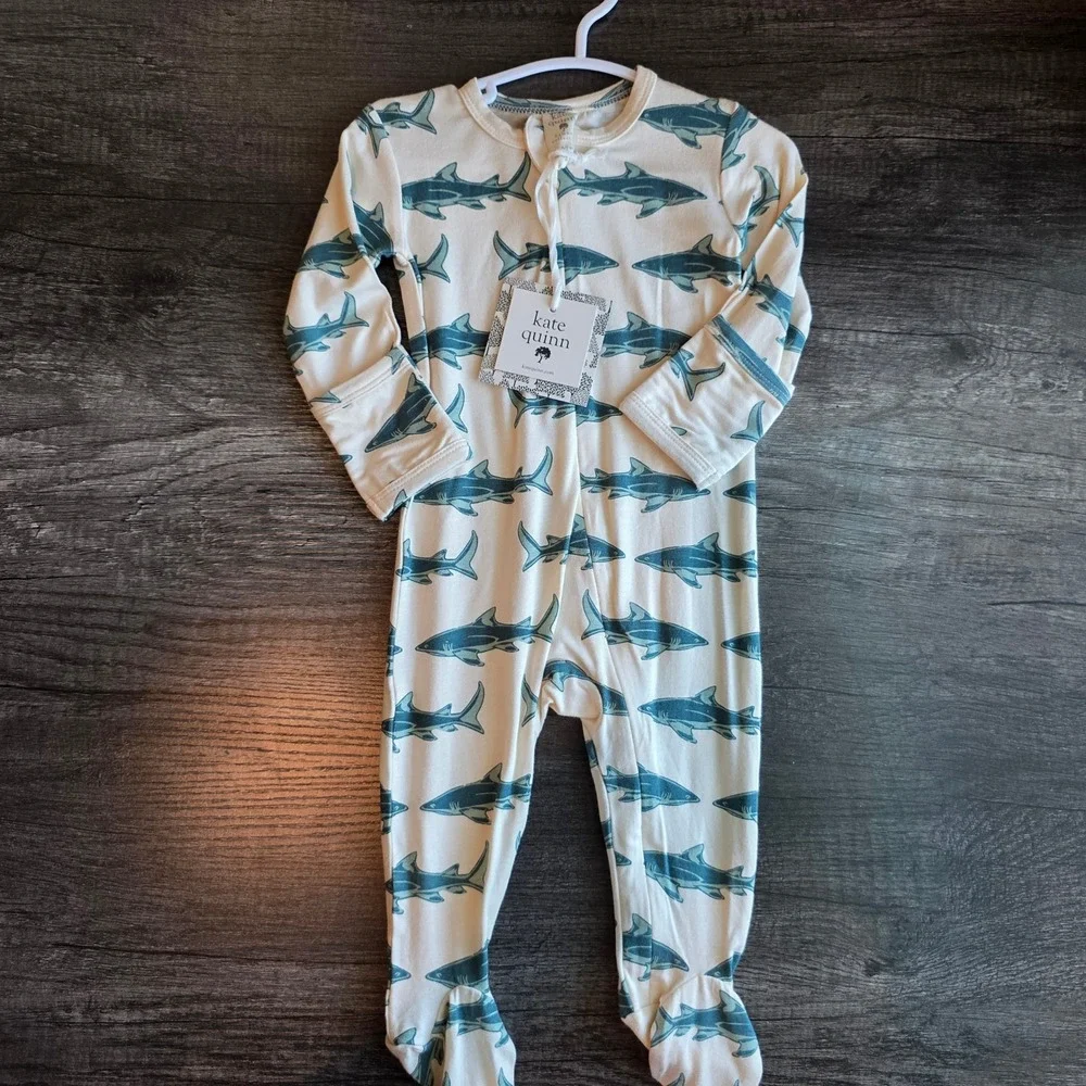 Kate Quinn Bamboo Sea Pine Shark Print Footie Sleeper 6-9 Months NWT